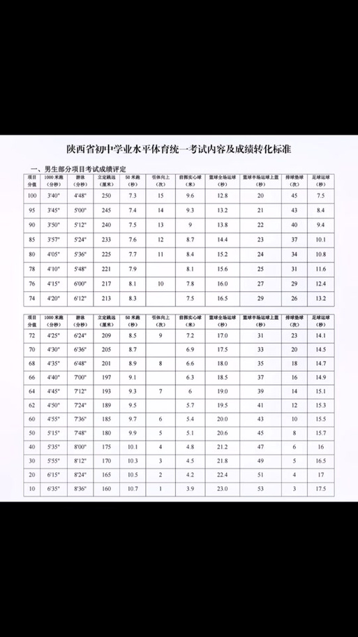 中考体育评分标准2024陕西渭南(满分标准是什么)